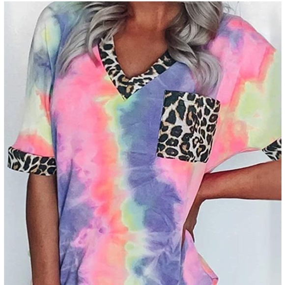 Leopard Tie-Dye Boutique V-Neck Top XL - Picture 2 of 6
